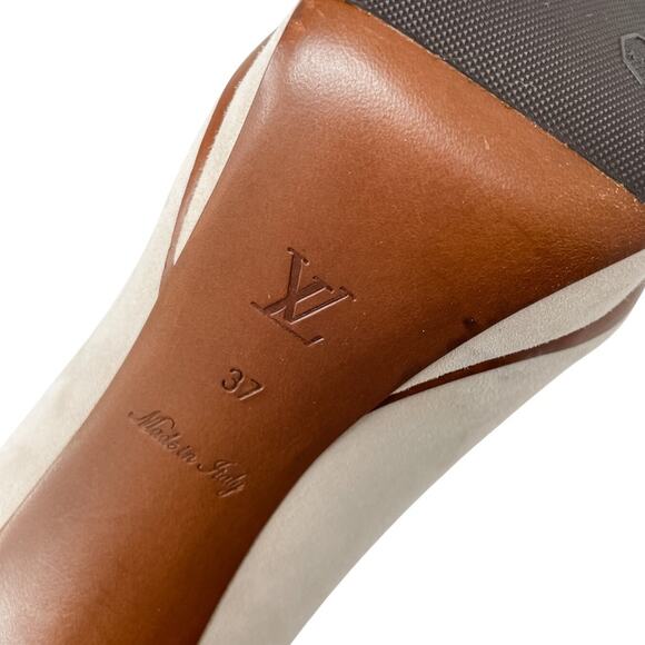 Louis Vuitton Eyeline neutral suede peep toe platform pumps size 37 US6.5 - Picture 12 of 14